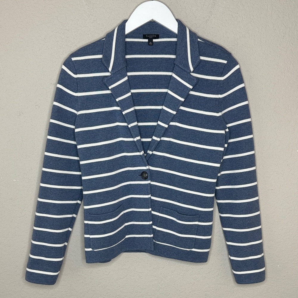 Talbots Women's Blue and White Striped Knit Sweater‎ Blazer Size S Petite